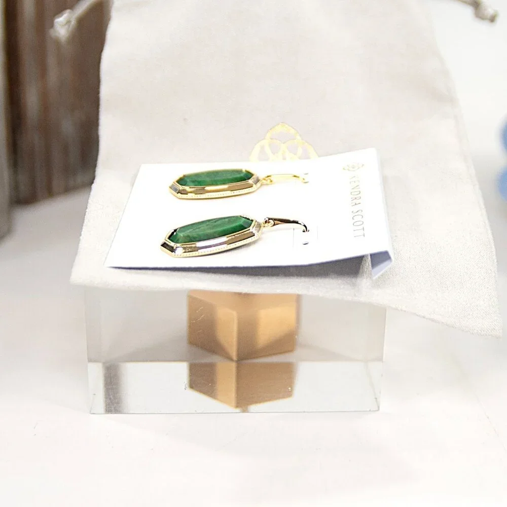 Kendra Scott Dani Gold Bezel Frame Green Tiger's Eye Earrings NWT - Picture 4 of 6